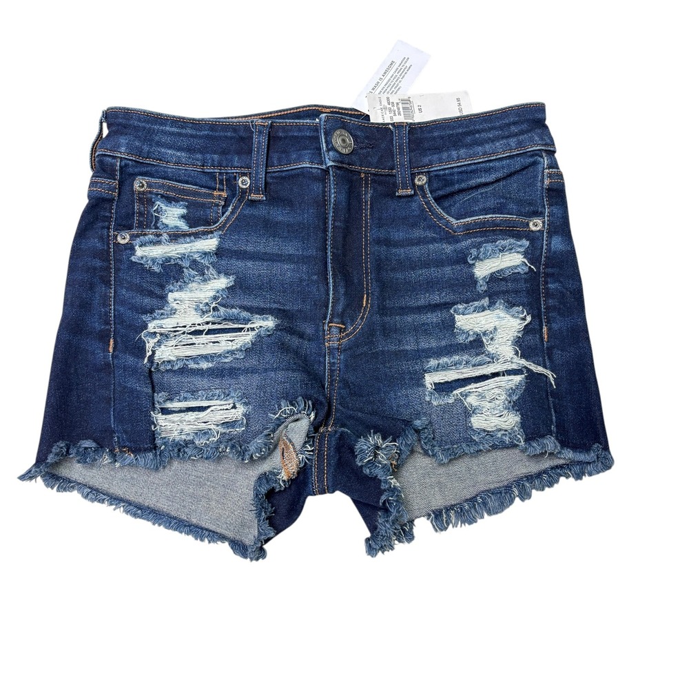 NWT American Eagle Hi-Rise Shortie Distressed Denim Shorts Dark Wash Sz 2 W28 L2
